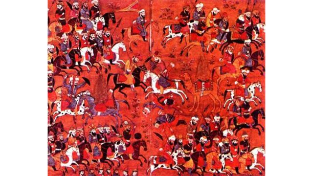 A battle between anti-Muslim forces from Mecca and Muslims, 7th century painting. Credits.