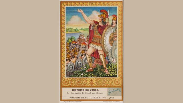 Alexander the Great arrives in India, from the historical Liebig trade cards, 1939. Credits.
