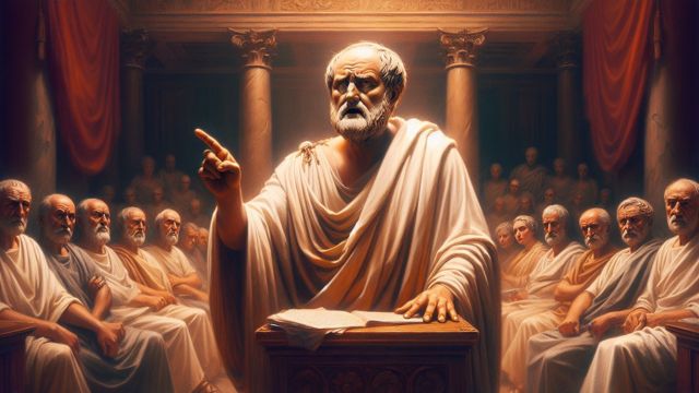 Cicero (106–43 BCE) lecturing Roman aristocrats about the good and bad use of the laws (AI-generated).