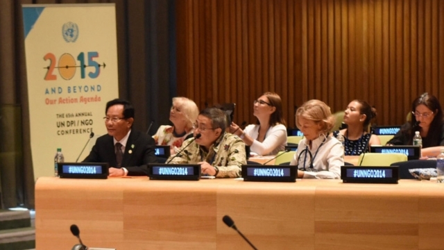 Dr. Hong (first from left) speaks at the 65th Annual UN DPI/NGO conference, New York 2014.
