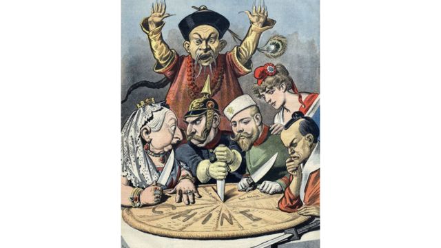 A French political cartoon of 1898 showing the Western powers (and Japan) carving up China in the times of the Unequal Treaty. Credits.