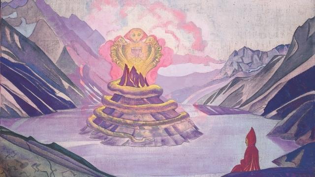 Nagarjuna in contemplation as painted by Nicholas Roerich (1874–1947). Credits.