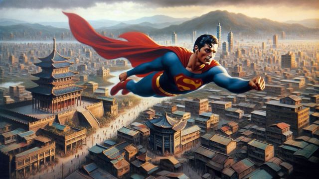 Superman flies over Taiwan in the 1950s. AI-generated.