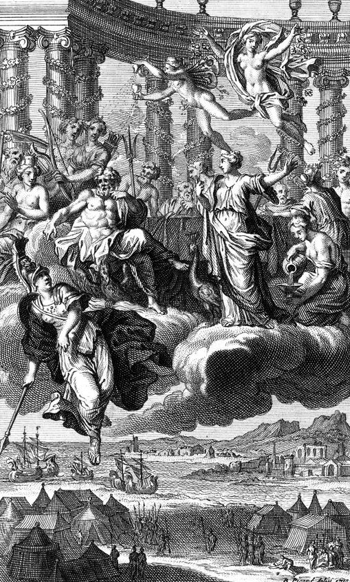Bernard Picart (1673–1733), “Iliad, Book VIII”: Zeus warns the gods by telling them the story of golden chain. From Twitter.