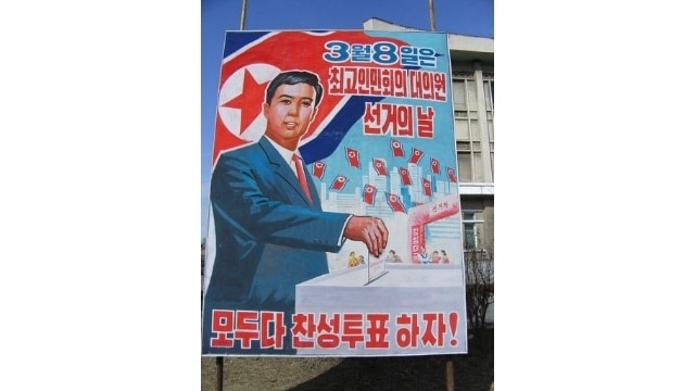 A poster in North Korea reminding citizens that everybody should vote (credits).